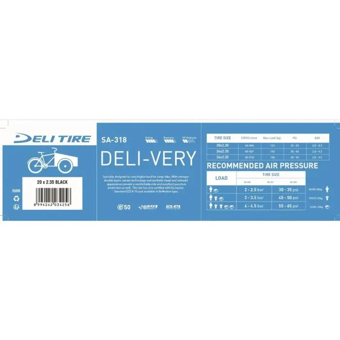 Beperkt Aanbod Deli Tire Buitenband Deli-Very 20 x 2.15 Zwart met Reflectie voor Vrachtfietsen