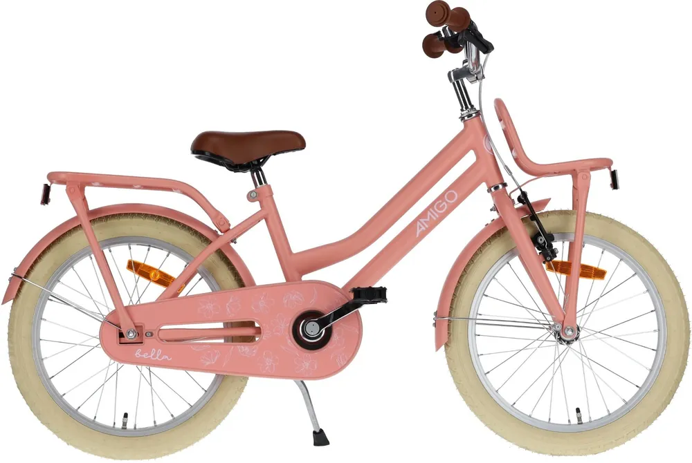 AMIGO Bella 20 inch meisjesfiets – Zalmroze Transportfiets met voordrager en standaard Koopje