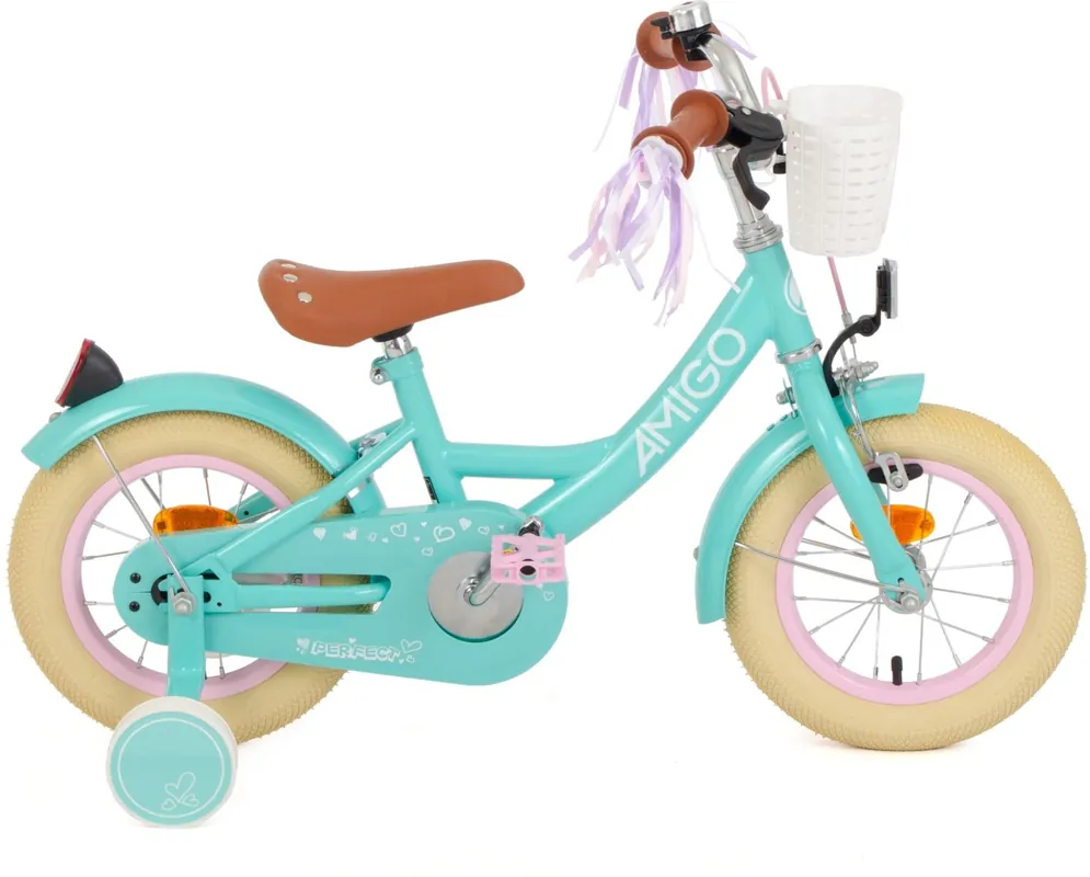 Snelle Levering AMIGO Perfect 12 inch meisjesfiets – Turquoise Met mandje, terugtraprem & zijwielen
