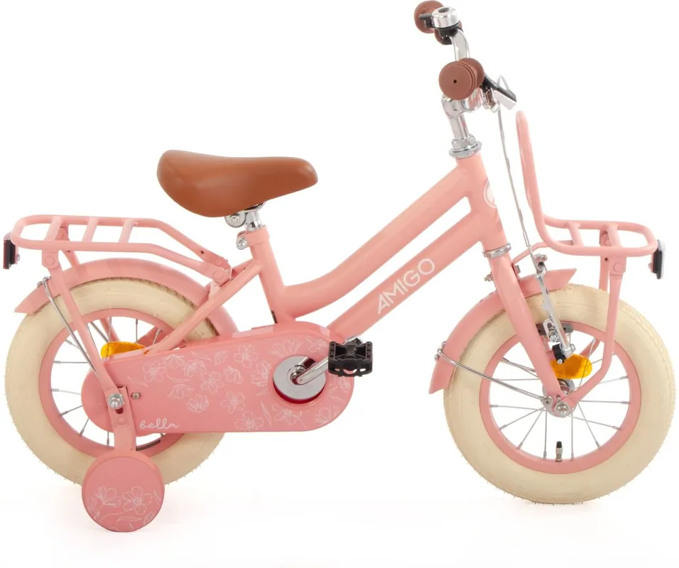 AMIGO Bella 12 Inch Meisjesfiets – Zalmroze Kindertransportfiets met Voordrager Voordeelprijs
